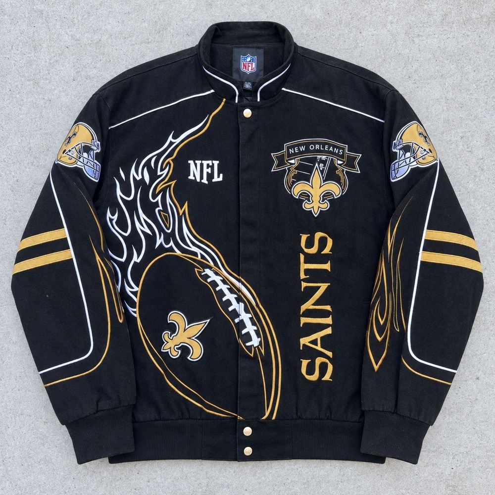 NFL New Orleans Saints Embroidered Twill Varsity Jacket Black Gold XL Vintage